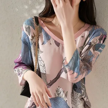Wiosna, lato styl kobiety szyfonowa bluzka koszula Lady casual z długim rękawem V-neck drukowanych szyfon Blusas topy DD8954