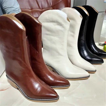 Women Knee Botas Women Genuine Leather boots Square root shoes Pointed shoes Warm Winter Shoes buty damskie jesienne