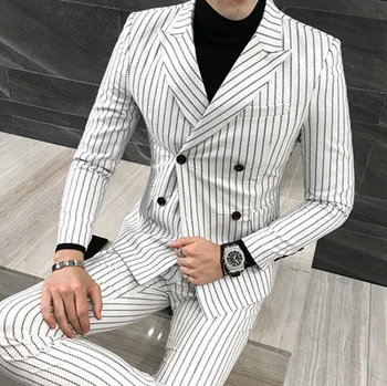 Wybuchowy garnitur 2020 jesień - zima moda męska w paski mały kostium strój ślubny garnitur marynarka + spodnie dwurzędowy 250