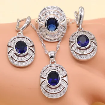 XUTAAYI srebrne komplety biżuterii dla kobiet niebieska cyrkonia biały kryształ Niezwykłe naszyjniki ślubne/pierścień/kolczyki zestaw