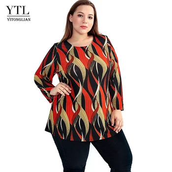 YTL Plus Size Print Tshirt Women Elegant Bohemian Orange O Neck Ladies Three Quarter Sleeve Loose Top Shirts Casual T-shirt H105
