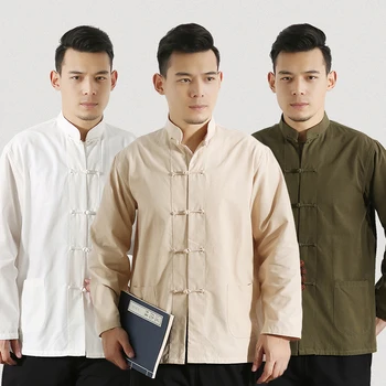Z długim rękawem bawełna tradycyjna chińska odzież Tang garnitur top mężczyźni kung-fu tai-chi mundur koszula bluzka Ханфу czysty męski garnitur