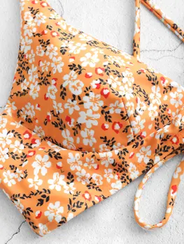 ZAFUL Ditsy Print Sexy Criss Cross Bikini Set Women Swimsuit Bohemia kwiatowy 2-częściowy strój kąpielowy damski strój kąpielowy z krawatem do włosów