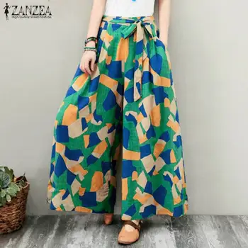 ZANZEA damskie spodnie z geometrycznym nadrukiem vintage spodnie letnie plażowe spodnie dorywczo зашнурованные temat spodnie długie spodnie-dzwony