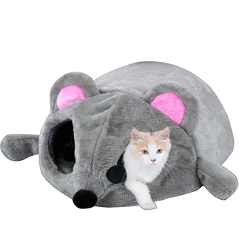 Zabawny catoon szary wodoodporny mysz forma łóżko małe koty psy jaskinia łóżko wymienny pocałunki dno kot dom myszki dla kotów dom