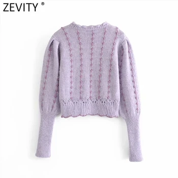 Zevity New Women Fashion O Neck Metallic Color Line Codzienny Krótki Sweter Damski Elegancki Hem Hollow, Swetry Topy S553