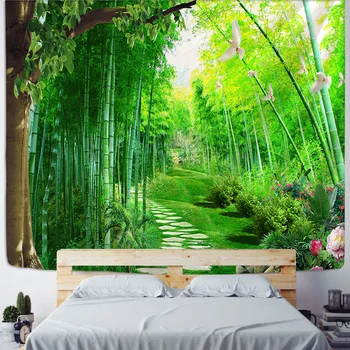 Zielony las gobelin wielkie drzewo 3D fantazja fabryka światło naturalne krajobrazy, rzeka bambus las ścienny wystrój domu