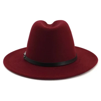 Zimowe filcu jazzowe filcu kapelusze kobiety imitacja wełny topu Panama europejskie płaskie pola czapki garnki wok, metalowy łańcuch PU skórzany pasek