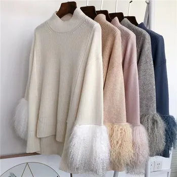 Znane marki Damskie swetry z rękawami z naturalnego futra jagnięcego duży rozmiar sweter Harajuku oversize Jersey z pereł
