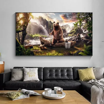 Zwierzęta krajobraz ścienne obrazy niedźwiedź Wędkarstwo płótno Malarstwo ścienne sztuka dekoracji domu drukowanie plakatów obrazy do salonu