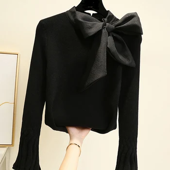 Łuk z dzianiny sweter damski Flare Solid Black z długim rękawem damski sweter 2021 Wiosna Zima biurowe dziewczyny słodkie koreański swetry