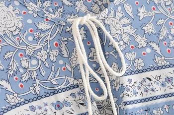 2019 Czech koronka V-neck niebieski biały kwiatowy print sukienka Lato etniczne kobieta z długim rękawem pędzelkiem do połowy łydki długie suknie wakacje