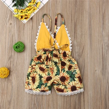2019 dziecko noworodka dziewczynki słonecznik koronki oparcia kombinezon lato bez ramiączek, V-neck strój odzież garnitur patchwork