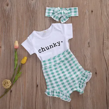 2020 Baby Summer Clothing Baby Toddler Girls Summer Clothes Set Z Krótkim Rękawem Kombinezon Top +Zielone Komórkowe Spodenki +Opaska Na Głowę Stroje