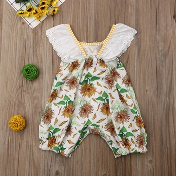 2020 Baby Summer Clothing Toddler Girl Romper Clothes Sunflower Off Shoulder Lace Sleeve Romper Kombinezon Potargane Ubranie Sunsuit