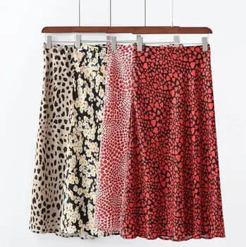 2020 Lady Eleganckie Różowe, Satynowe Spódnice Kobiety Wysokiej Talii Spódnica Midi Leoparda Stokrotka Drukowanie Korea Moda Uliczna, Odzież
