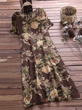 2020 M-5XL A-line retro kwiat suknia plus size z krótkim rękawem i okrągłym sukienki duże rozmiary wolny print boho sukienka letnia