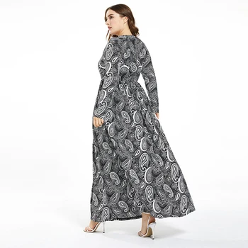2020 New Fashion Plus Size Women ' s Print Slim Long Sleeve Print Round Neck Dress Elegant Islamic Turkey Dress Middle East