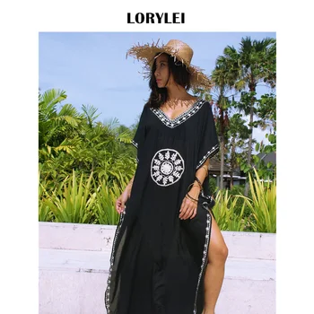 2021 Czarny Przewymiarowane V-Dekolt W Kształcie Marokańska Kaftan Strój Plażowy Plus Rozmiar Kobieta Lato Rękawy Strona Split Midi Sukienka Tunika Q643