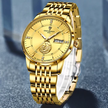 2021 LIGE nowa moda zegarka mężczyzna automatyczny mechaniczny tourbillon ze stali nierdzewnej wodoodporny biznes złote zegarki zegarek prezent