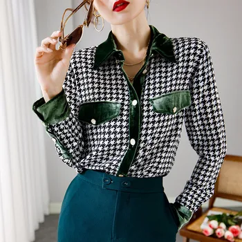 2021 Wiosna luksusowy jedwabna bluzka dla kobiet elegancki, Vintage, aksamit patchwork patchwork sukienka z nadrukiem Houndstooth codzienny Biznes biurowa koszula