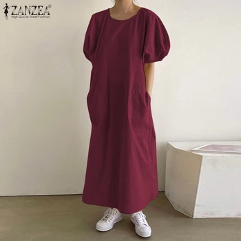 2021 ZANZEA Fashion Short Puff Sleeve Dress Summer Solid sukienkę kobiety codzienna praca OL Long Maxi Vestidos damski szlafrok rozmiar plus