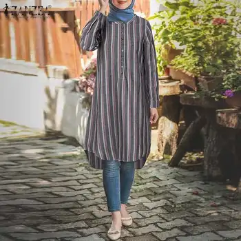 2021 ZANZEA jesień z długim rękawem w paski bluzka kobiety muzułmański Dubaj Abaya długa tunika koszula baggy casual top kaftan Blusas plus size