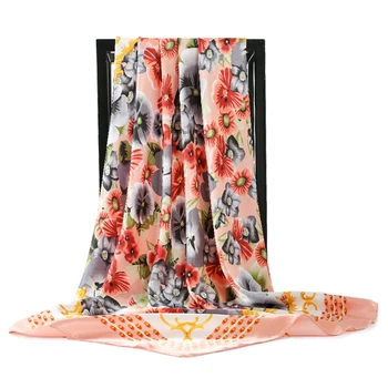 2021 jedwabny szalik kobiety projektant mody piękne kwiaty фуляр miękka satyna Szal szale szal 90*90 cm kwadratowy na szyję szal