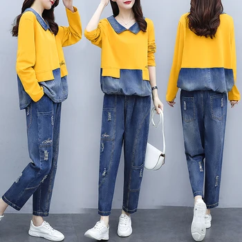 2021 wiosenna damska moda plus size patchwork jeansowe bezrękawniki+podarte jeansy kostiumy damskie rocznika duże rozmiary zestawy z dwóch części