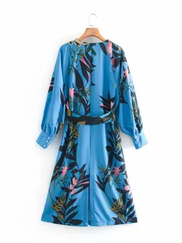 2021 wiosna nowy niebieski kwiatowy v-neck vintage sexy zaraing-style za 2020 women sheining vadiming kobieca sukienka LKD9770