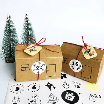 24sets Christmas Advent Calendar Kraft Box Ginger House Shape Desser Treat Gift Box Set Merry Xmas Decoration Counting Down Box