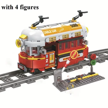 361 szt. Mały pociąg budynek kolejka linowa się poruszać i obracać bloki budowlane model cyfry samodzielnego montażu cegły zabawki edukacyjne dla dzieci