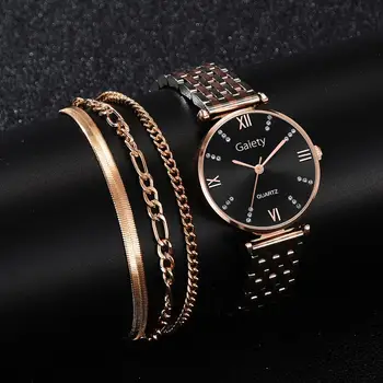 4 szt. kpl zegarek dla kobiet Kryształ Diament różowe złoto stal pasek damski zegarek bransoletka zegarek damski Relogio Feminino