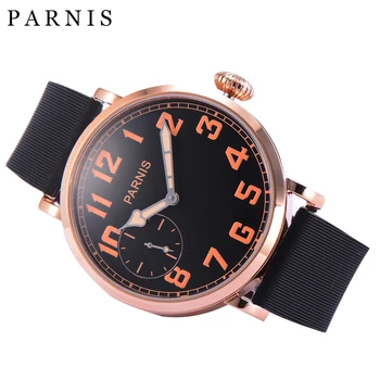 46 mm on taras Mechaniczny zegarek różowe złoto obudowa ze stali nierdzewnej czarna tarcza zegarek męski pomarańczowe cyfry naciąg ręczny zegarek męski
