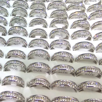50szt kolor srebrny pierścień ze stali nierdzewnej, szerokość 6 mm przezroczyste rhinestone otaczający mieszany rozmiar