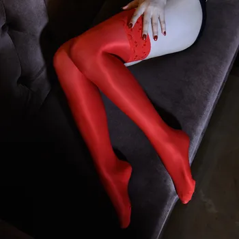 70D kobiety seksualne olej błyszczące biodra wysokie pończochy koronkowy top nylonowe rajstopy długie powyżej kolana jedwabne pończochy z antypoślizgową silikonem