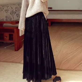 90 cm długość Jesień Zima dziewczyna aksamit plisowana maxi spódnica koreański panie elastyczny Wysoka Talia casual spódnice dna B0N312N