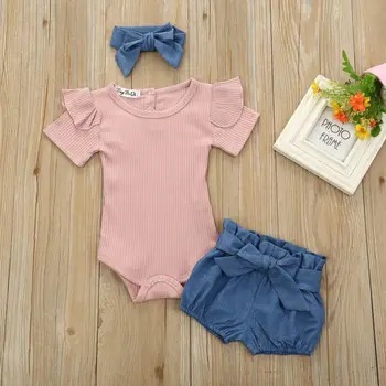 AA 2020 Toddler Baby Girl Sunsuit bluzki z dzianiny suwaki body + spodnie + opaska na głowę zestaw garnitur