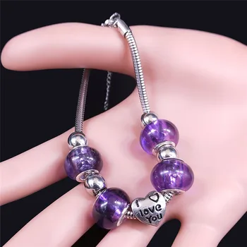 AFAWA Heart Love fioletowy szklany bransoletka łańcuch ze stali nierdzewnej dla kobiet kolor srebrny bransoletki biżuteria pulseira feminina BXS01