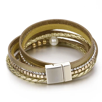 ALLYES skórzana bransoletka kobieta Boho perły Kryształ metalowe kulki wiklina lina szeroki wielowarstwowe hoop bransoletki dla kobiet biżuteria