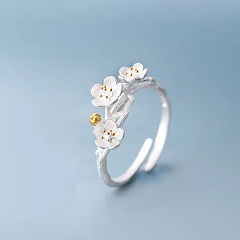 ANENJERY 925 srebro biżuteria zestawy Sakura śliwka kwiat naszyjnik+kolczyki+pierścień+bransoletka dla kobiet prezent