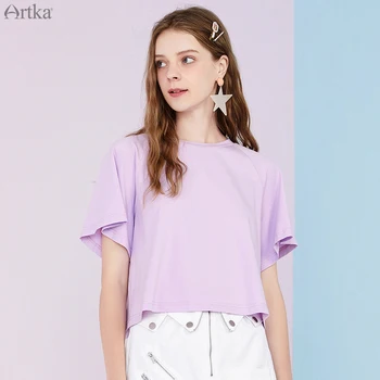 ARTKA 2020 Summer New Women T-shirt Fashion Solid Color Casual T-shirt Back Sashes Design O-neck z długim rękawem t-shirt TA25302X