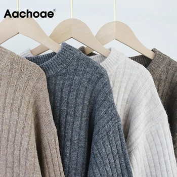 Aachoae Damski Sweter 2020 Jednolity Kolor Z Długim Rękawem Z Dzianiny Sweter Topy Jesień Zima O Neck Casual Damskie Swetry