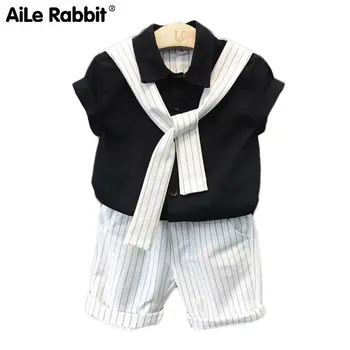 AiLe Rabbit 2018 nowy chłopak dżentelmen garnitur fałszywa szal krawat koszula spodnie 2 szt kostium damska z krótkim rękawem w paski spodnie, odzież Dziecięca