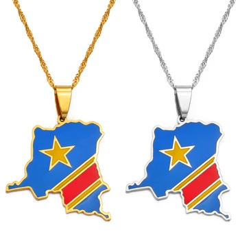 Anniyo Demokratyczna Republika Konga mapa kolorowa flaga wisiorek złoty/srebrny kolor DRC Kinszasa naszyjnik etniczne biżuteria #200621