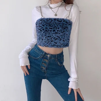 ArtSu Goth Aesthetic Leopard Print Furry Crop Tops For Women Streetwear Chian Strap 90s Outfits Tank Tops Party Klubowa VE52464