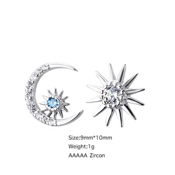 Asymetryczna Księżyc Gwiazda Bling niebieski cyrkonia kolczyki pręta dla kobiet koreański modne przyjazny alergikom biżuteria prezenty SD2242