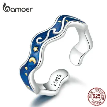 Bamoer 925 srebro kochanek obrączki dla pary błękitne niebo gwiaździste Van Gogha odkryty palec pierścień projekt biżuteria akcesoria SCR608