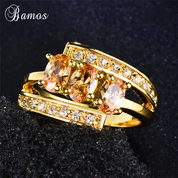 Bamos Luxury Champagne Stone Finger Ring Rocznika Sześcienny Cyrkonu Pierścień Dla Kobiet Żółte Złoto Wypełnione Dekoracje Ślubne, Najlepsze Prezenty
