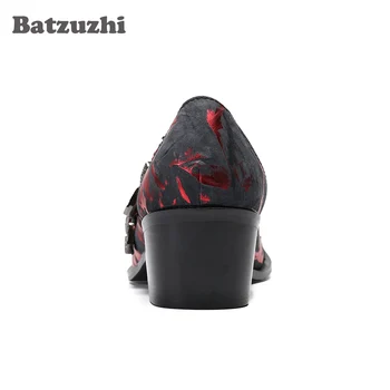 Batzuzhi luksusowe męskie skórzane buty ręcznie z ostrym metalowym czubkiem formalne skórzane buty z klamrami 6,5 cm na wysokich obcasach Zapatos Hombr